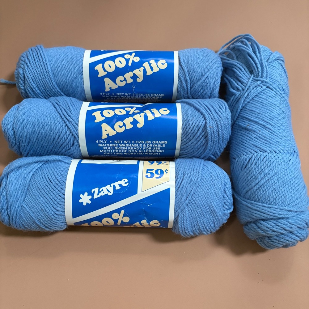 Vintage Zayre 100% Acrylic Yarn 4 Skeins 8 Cornflower Blue Worsted 4Ply